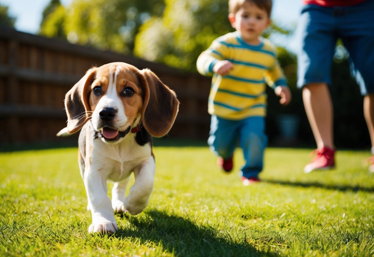 A beagle puppy eagerly follows a child through a sunny backyard, tail wagging and ears flopping
