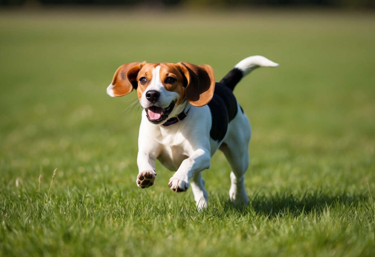 A beagle running freely through a grassy field, ears flapping, with a joyful expression