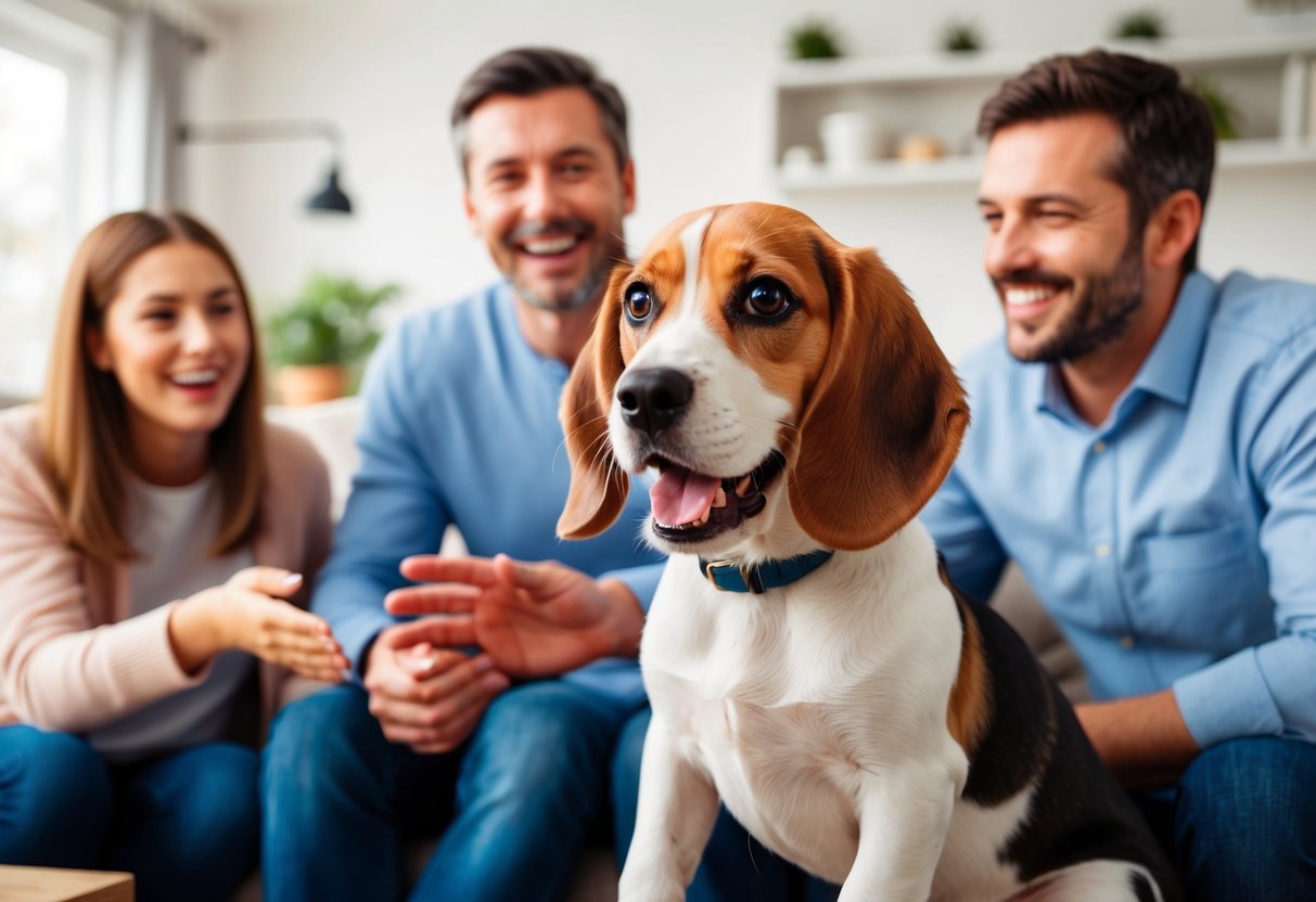 A beagle puppy eagerly greets a smiling family in a cozy living room