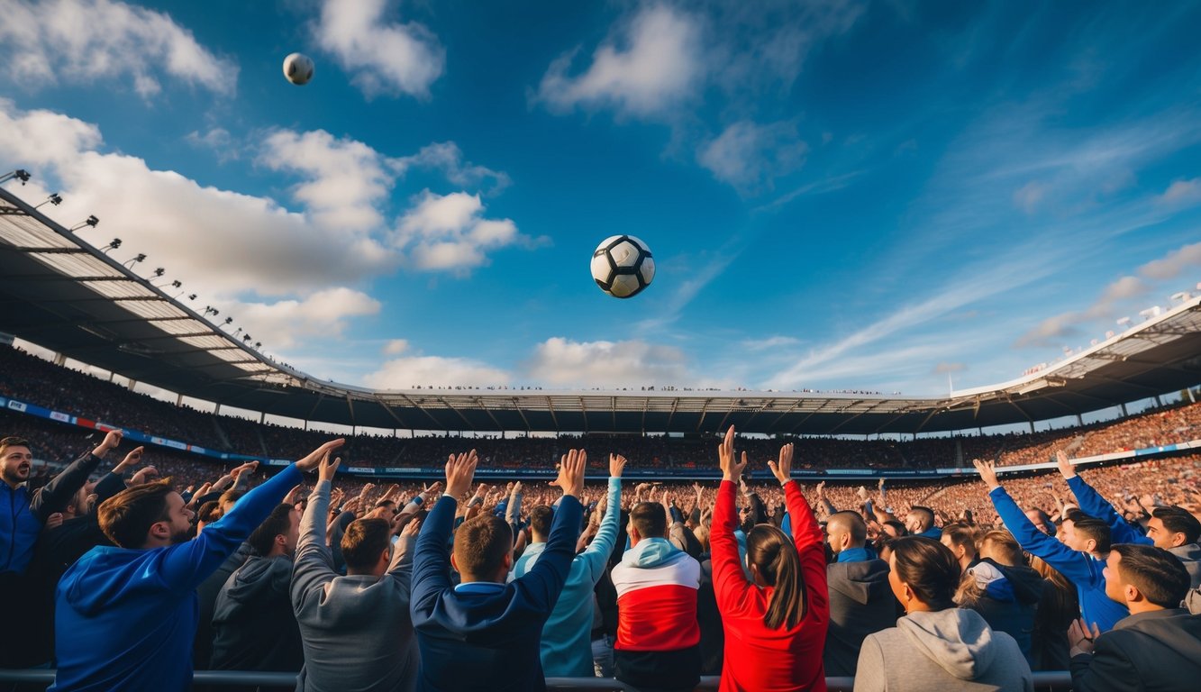 Sebuah stadion yang ramai dengan penggemar yang bersorak dan bola sepak terbang di udara menuju gawang