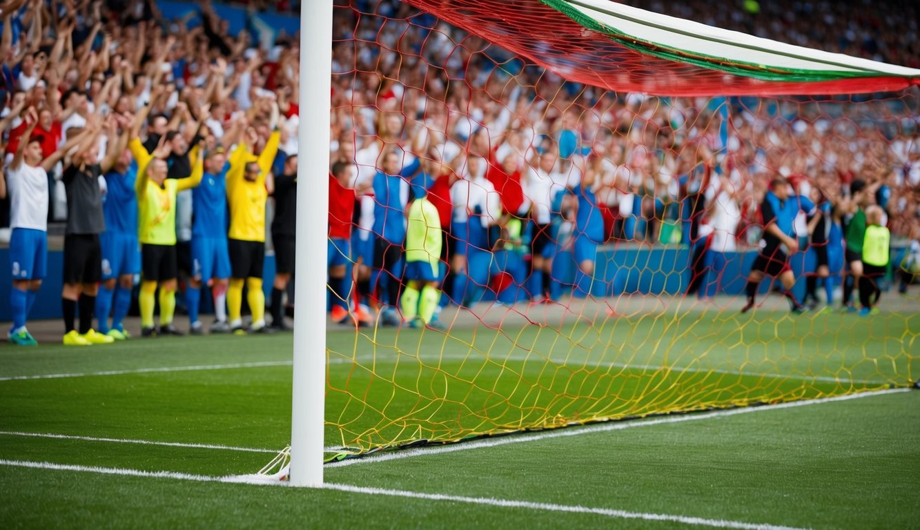 Sebuah lapangan sepak bola dengan tiang gawang dan kerumunan penggemar yang bersorak