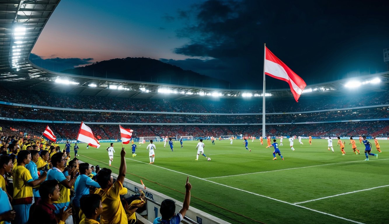 Sebuah stadion sepak bola yang ramai di Indonesia selama pertandingan yang sangat penting. Para penggemar bersorak dan melambaikan bendera saat para pemain bersaing di lapangan.