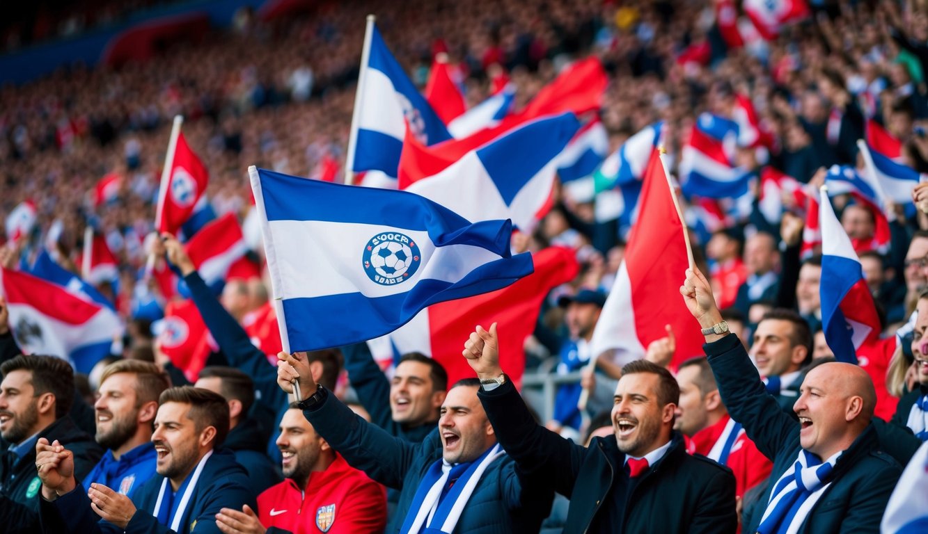 Sekelompok penggemar sepak bola bersorak dan melambaikan bendera di stadion yang ramai