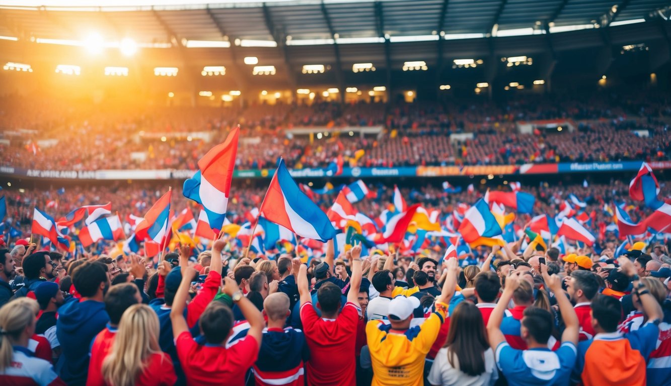 Sebuah stadion yang ramai dengan suasana yang hidup, dipenuhi dengan penggemar yang antusias bersorak dan melambaikan bendera, sementara sebuah band live memainkan musik di latar belakang