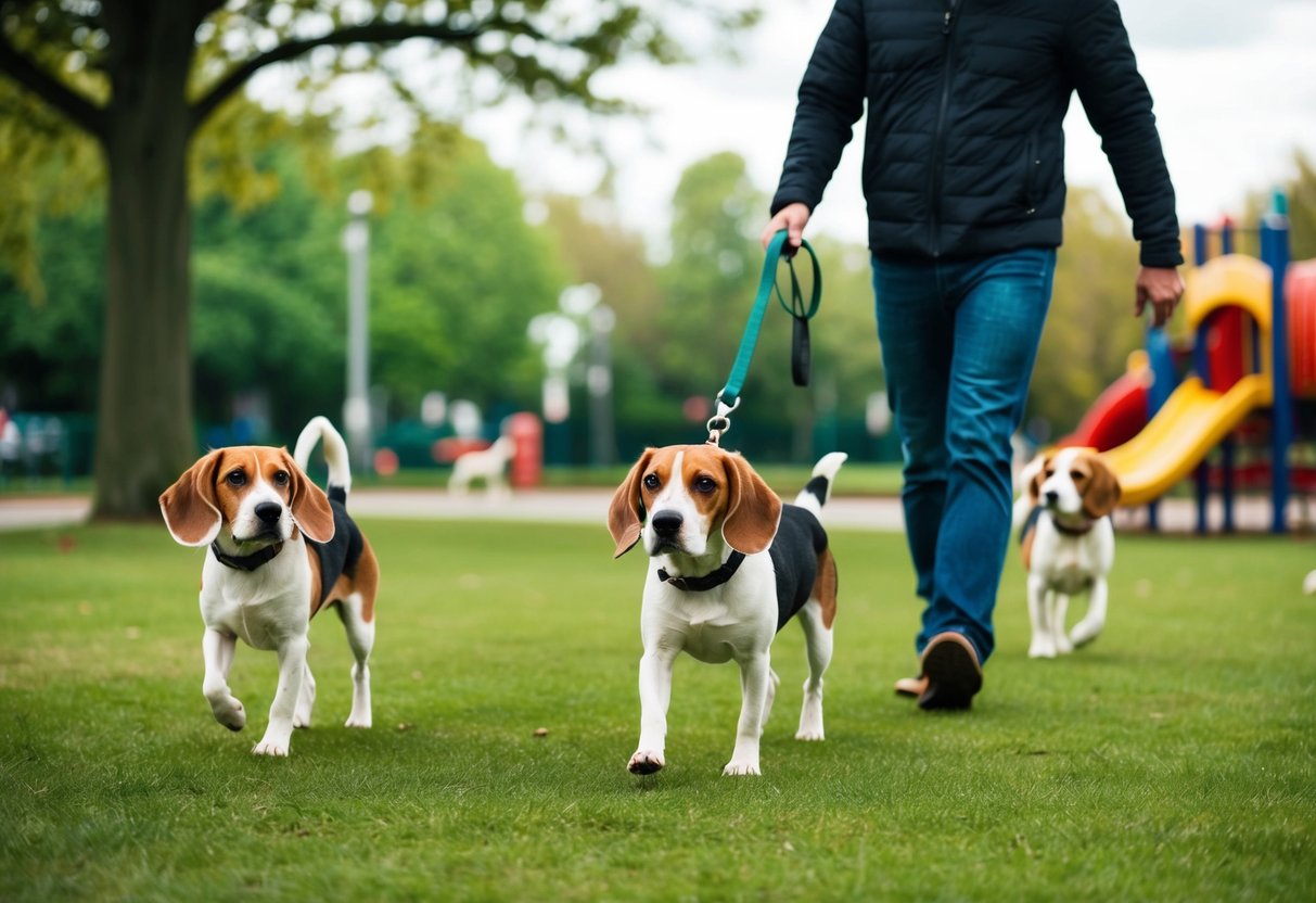 A beagle walks on a leash with its owner in a green park. They pass by trees, a playground, and other dogs