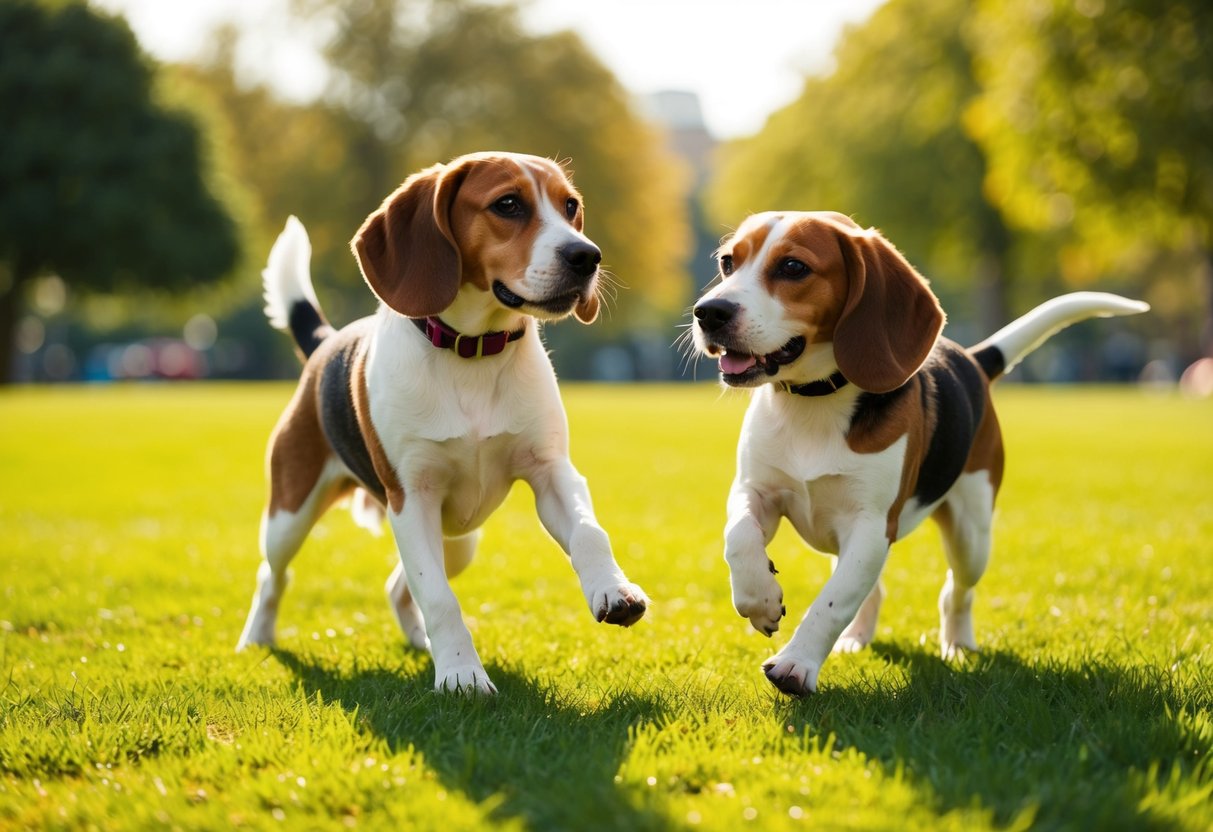 A beagle male and female playing in a sunny park