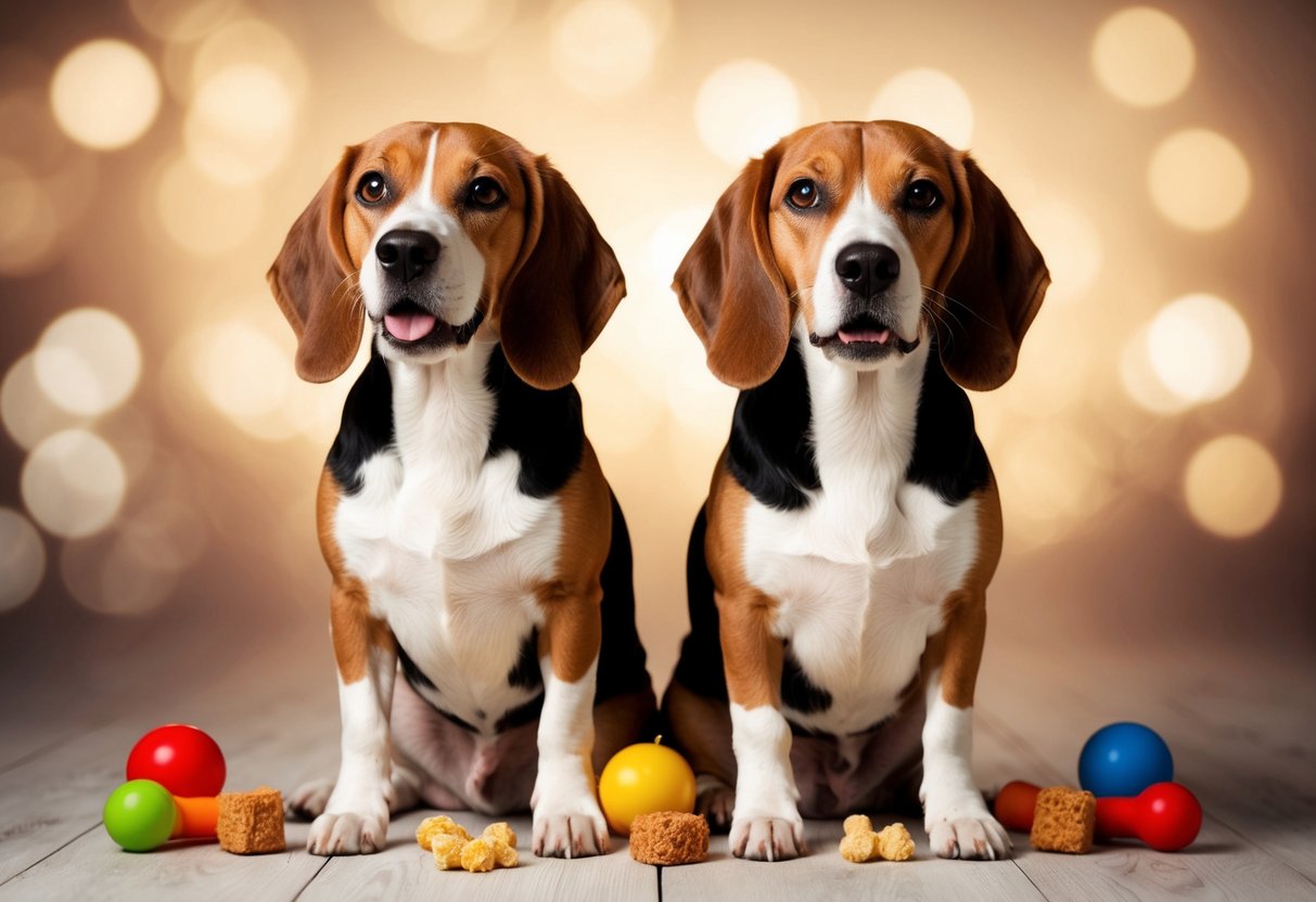 A male and female beagle sitting side by side, both with wagging tails and alert expressions, surrounded by toys and treats