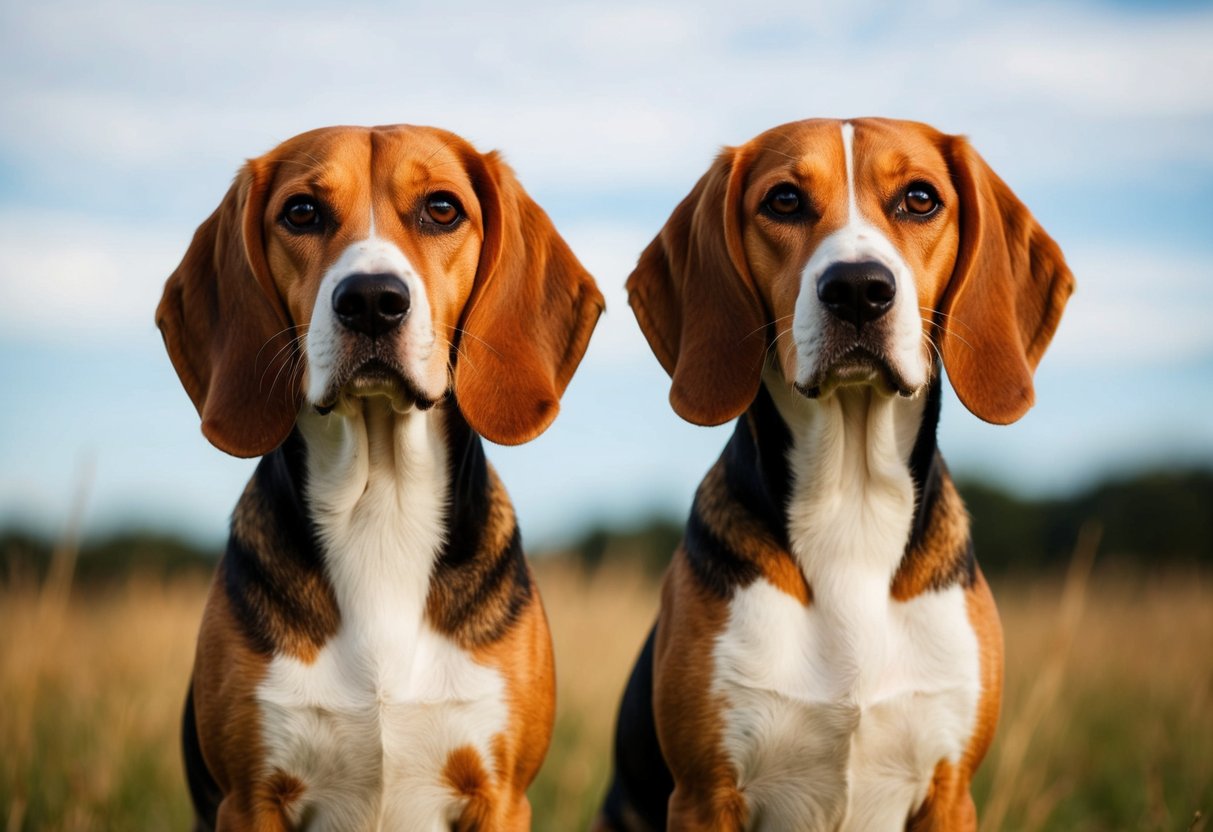 A beagle male and female stand side by side, showcasing their distinct physical characteristics and demeanor