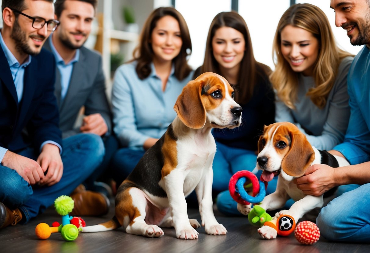 A beagle puppy sits attentively beside a group of people, while another beagle plays with a variety of toys