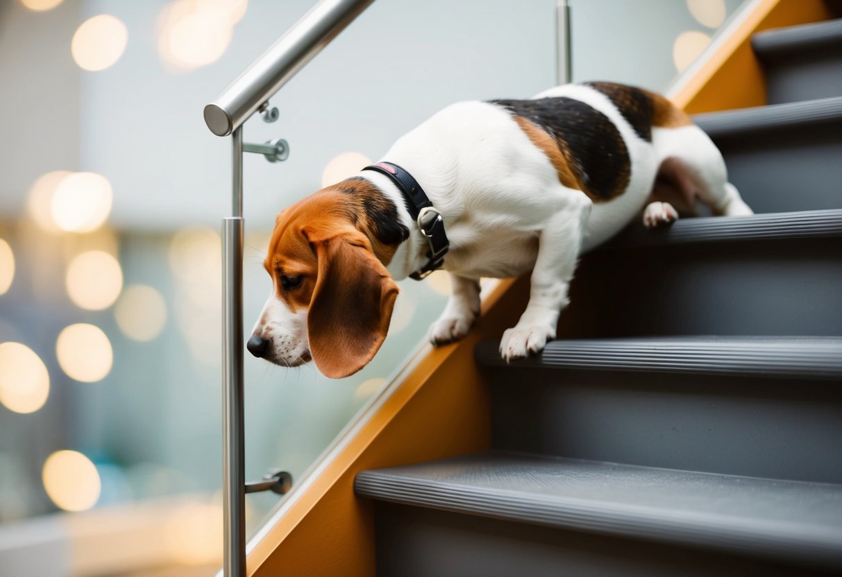 A beagle struggles to climb stairs, arching its back in discomfort