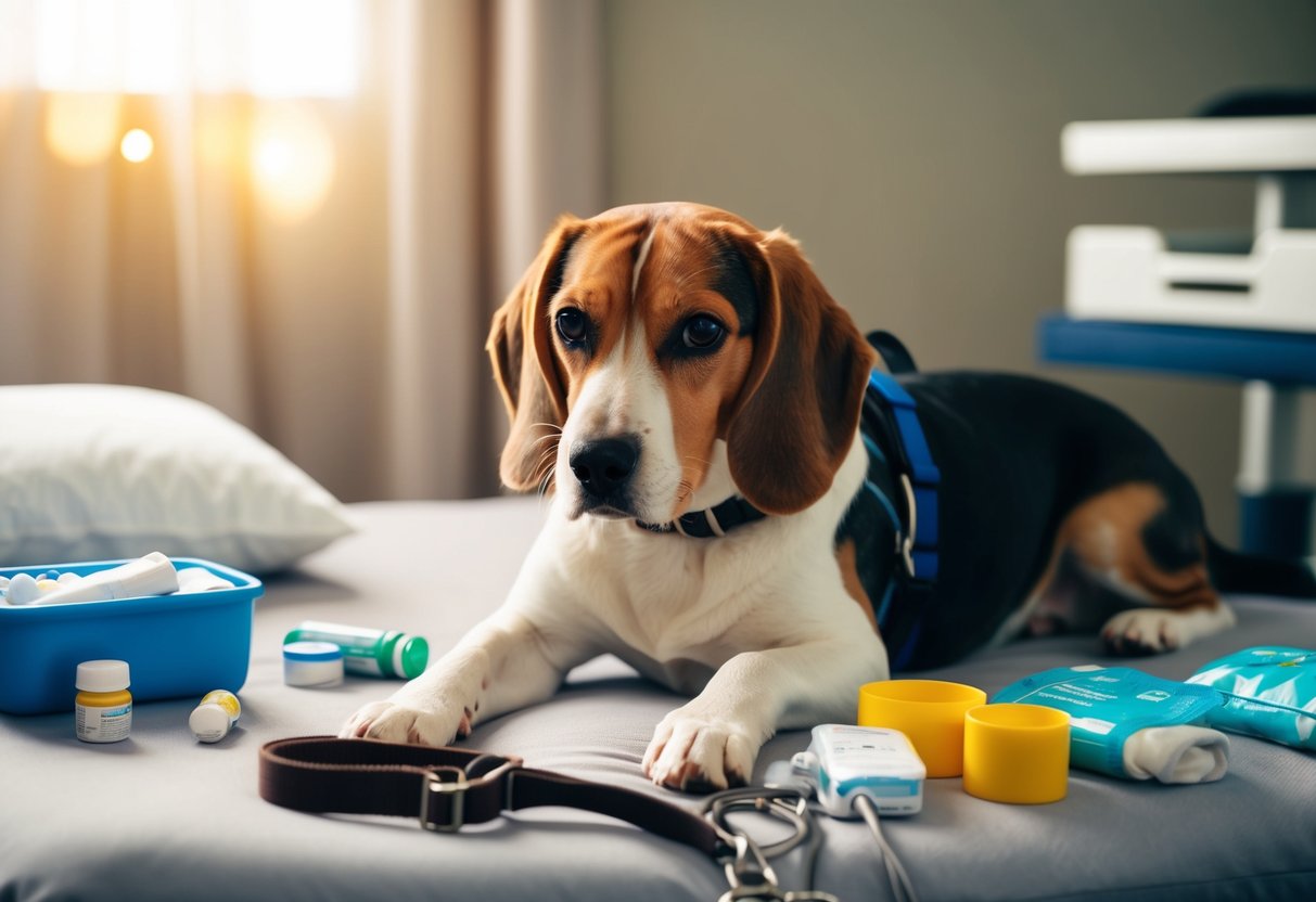 A beagle lays on a cushioned bed, surrounded by various treatment options such as medication, physical therapy equipment, and a supportive harness