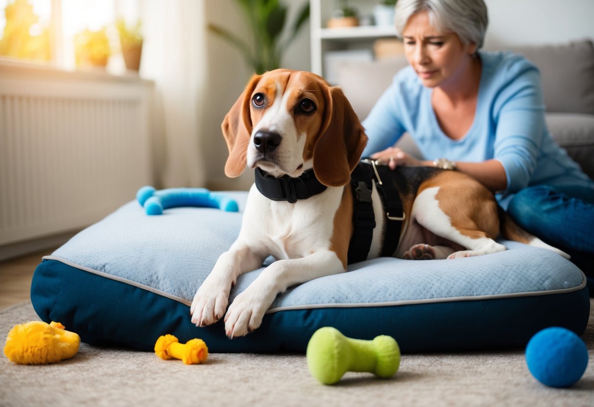 A beagle with a back brace, resting on a cushioned bed, surrounded by toys and a concerned owner