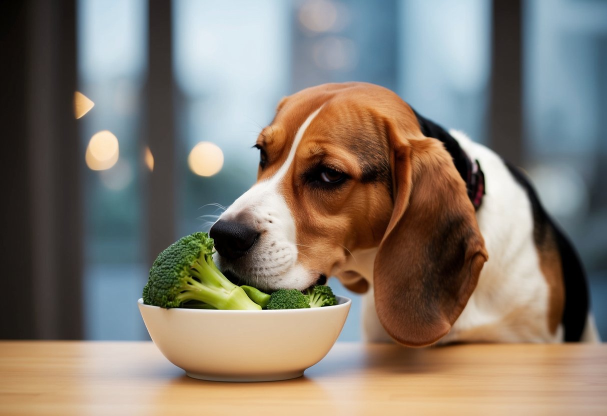 A beagle sniffs a bowl of broccoli, wrinkling its nose in distaste