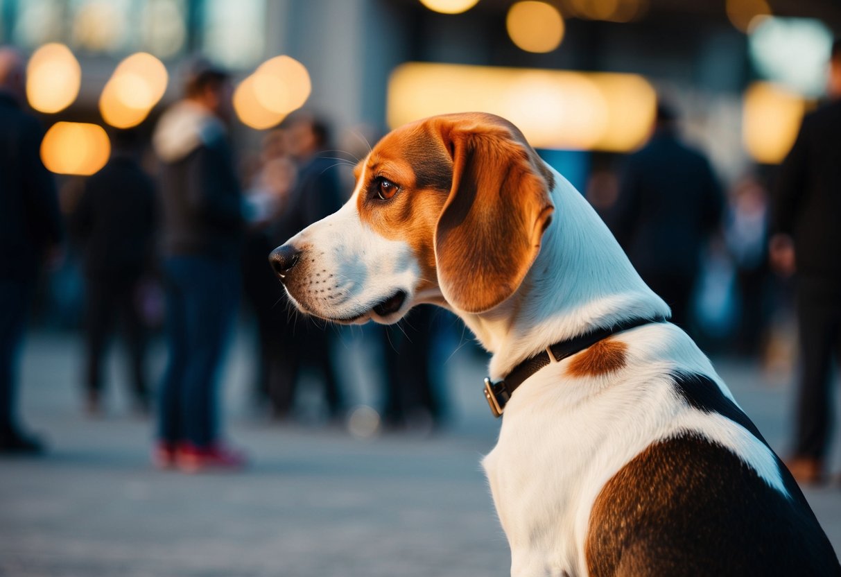 A beagle turning away from a noisy, crowded area, with ears pinned back and a tense body posture