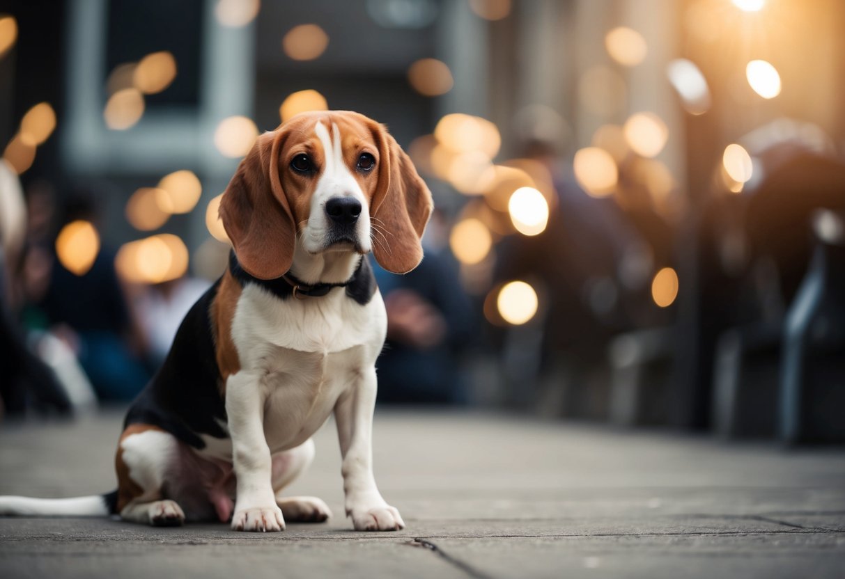 A beagle sitting alone, ears drooping, surrounded by loud noises and unfamiliar scents