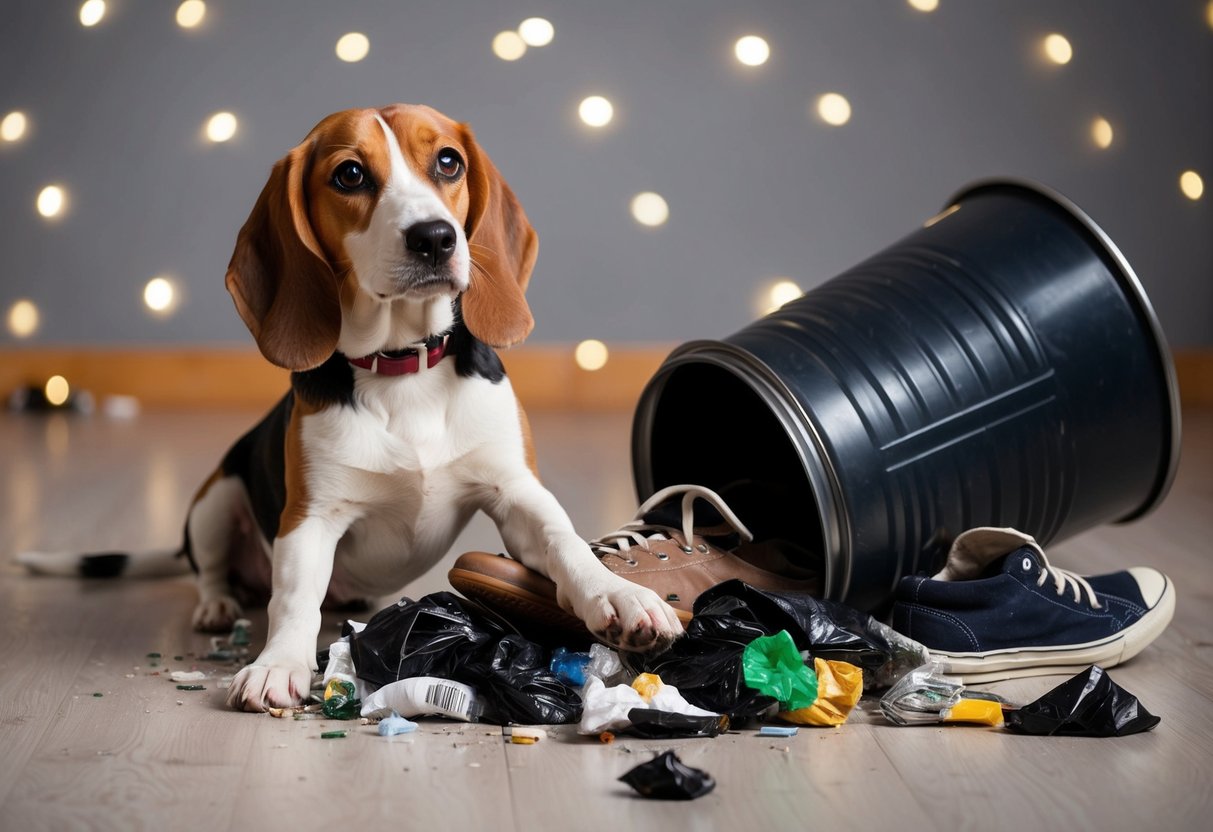 A beagle knocks over a trash can, scattering garbage across the floor. It looks up with guilty eyes as it chews on a shoe