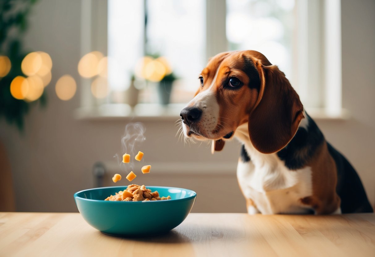 A beagle turning away from a bowl of unfamiliar food, wrinkling its nose in distaste