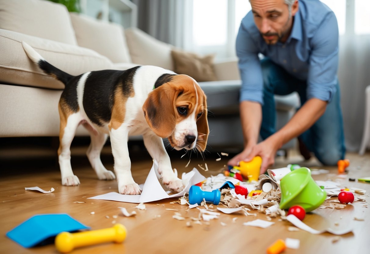 A beagle puppy chewing on furniture while the owner struggles to clean up a mess of shredded paper and scattered toys