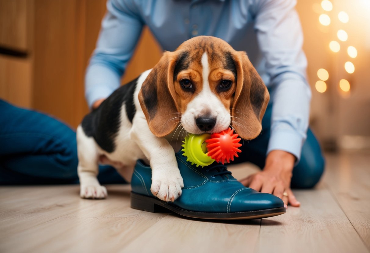 A beagle puppy chewing on a shoe while the owner tries to redirect its attention to a training toy