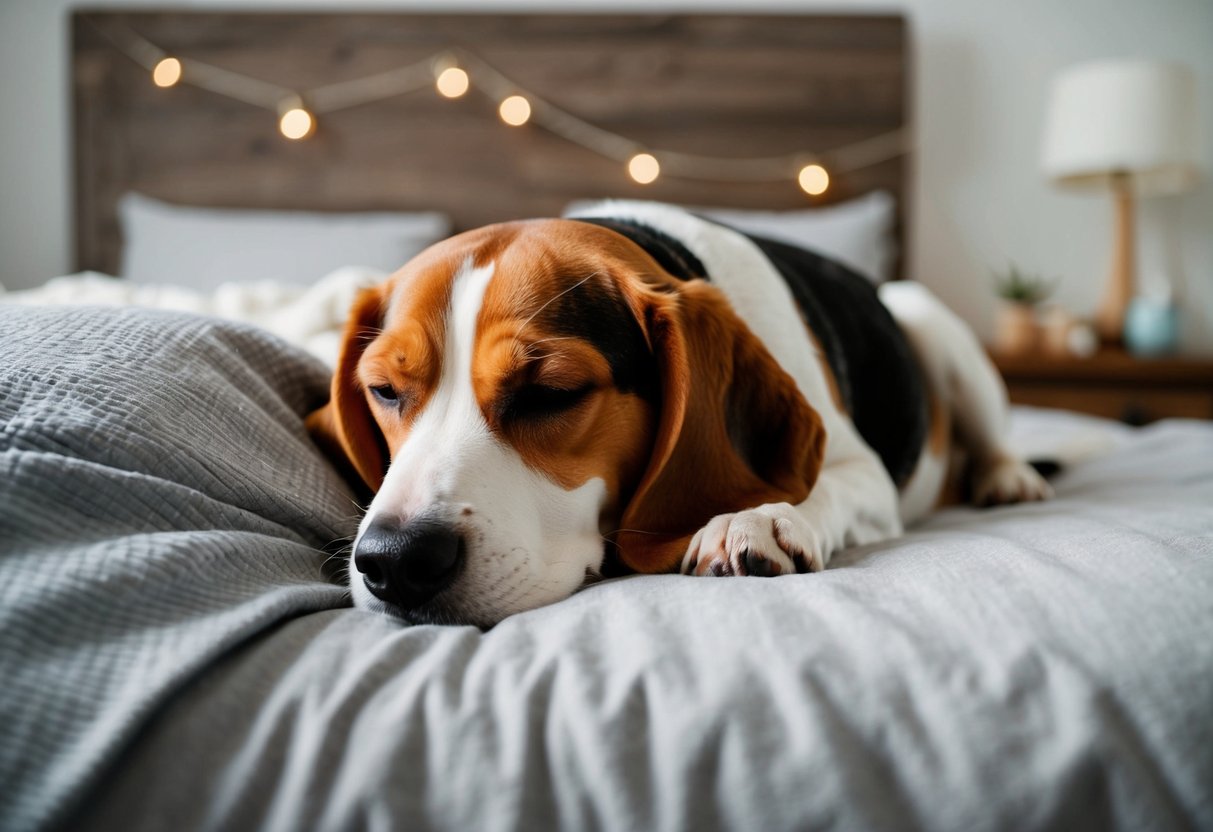 A cozy bedroom with a beagle curled up on a comfortable bed, peacefully sleeping next to its owner
