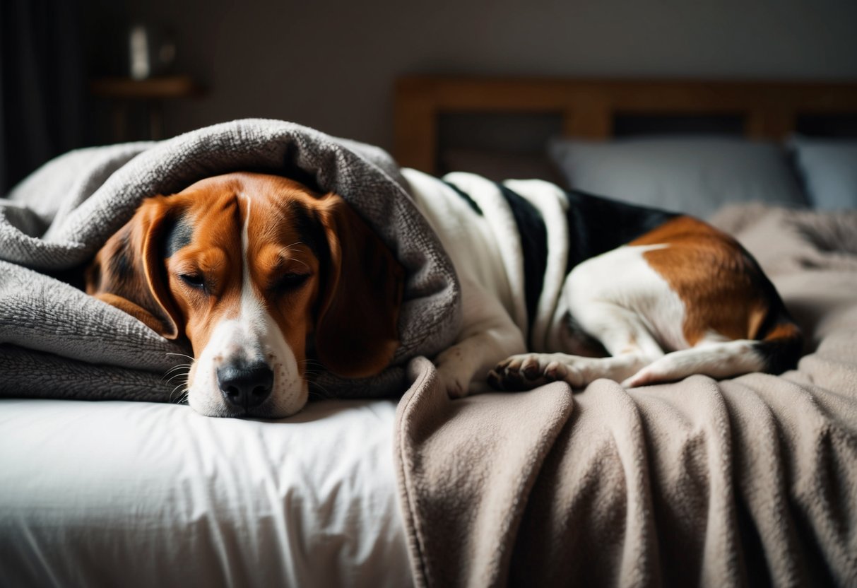A beagle peacefully snoozes on a cozy bed next to its owner, both wrapped in a warm blanket. The room is dimly lit, creating a tranquil atmosphere