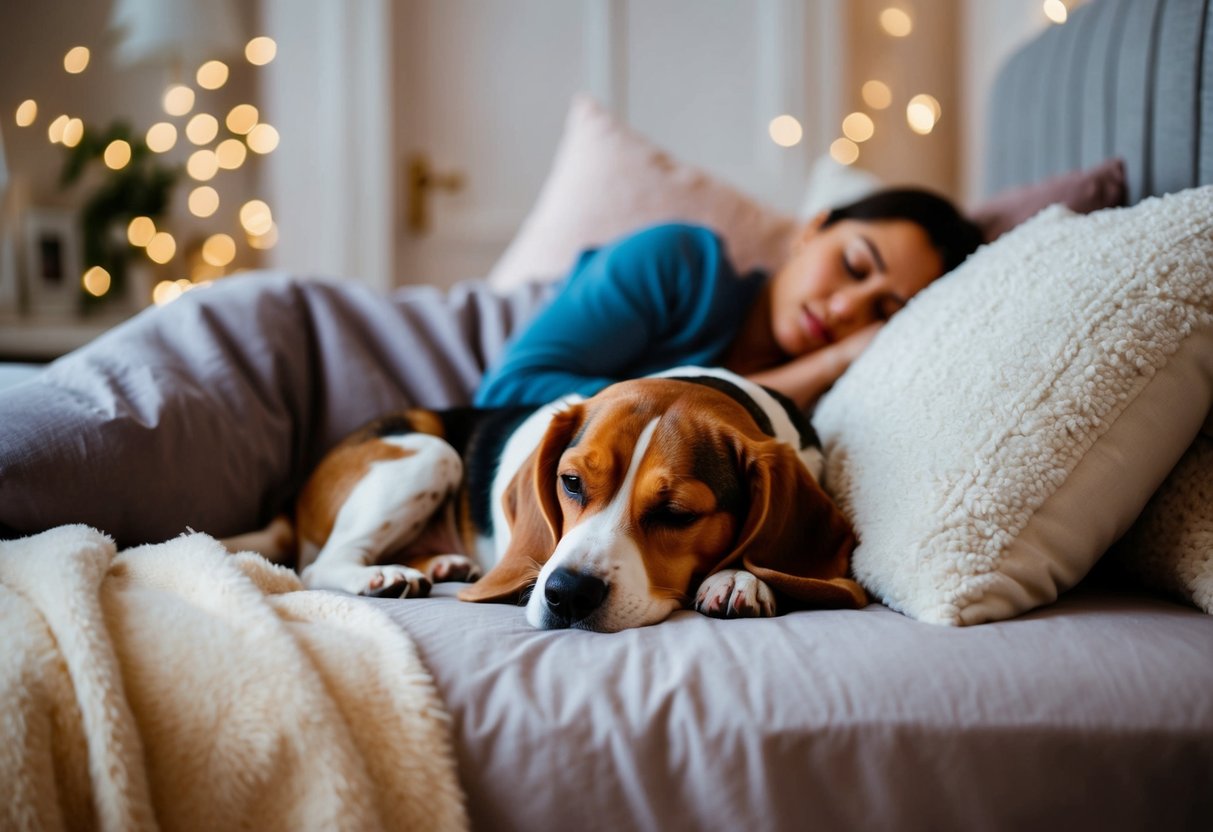 A cozy bedroom with a beagle curled up on a plush bed next to a sleeping figure, surrounded by soft pillows and warm blankets