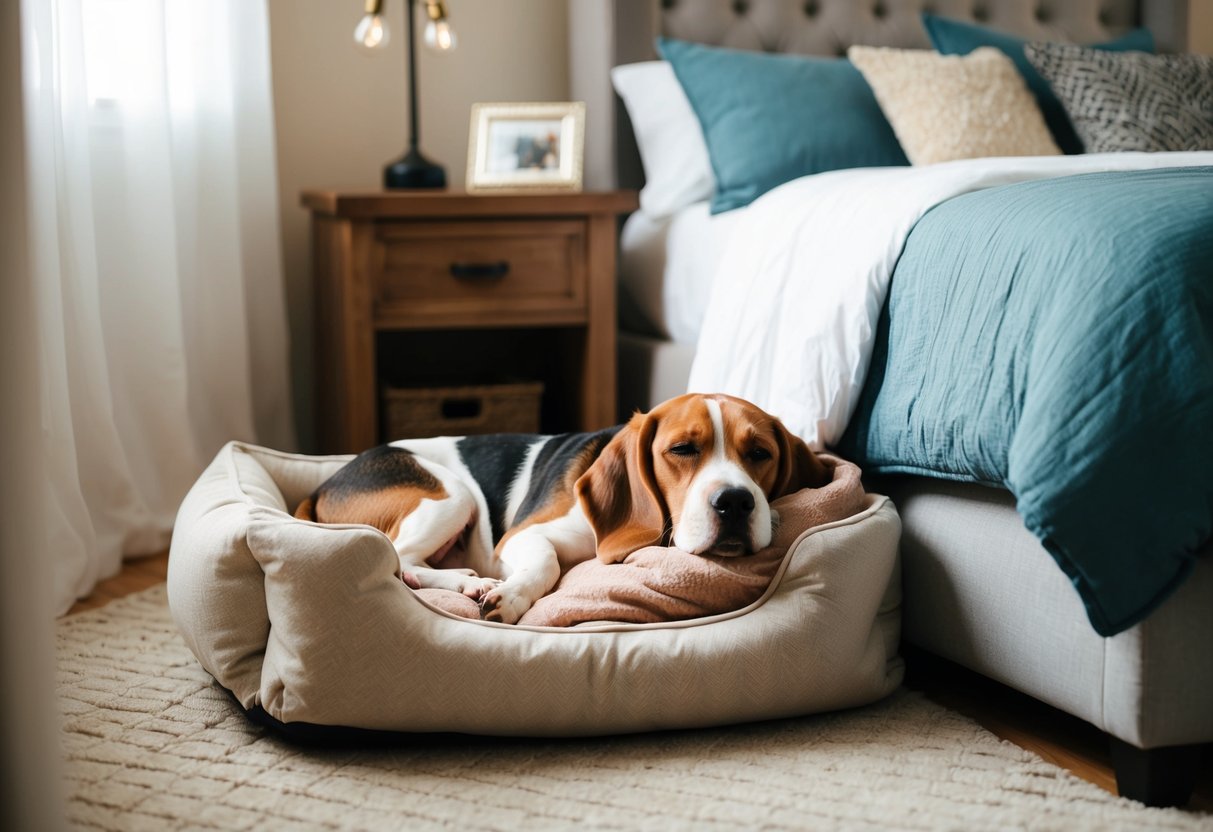 A cozy bedroom with a large, plush dog bed next to a comfortable human bed. A happy beagle snuggled up in blankets, peacefully sleeping
