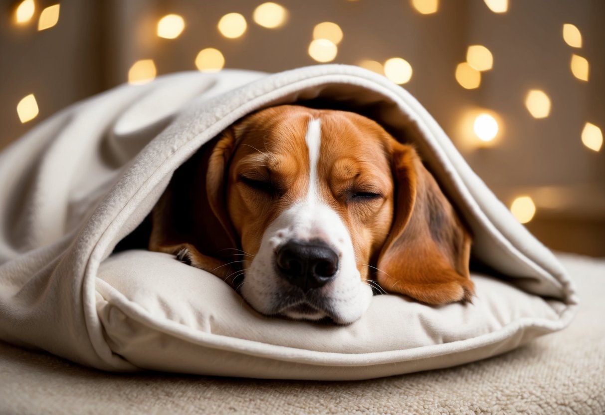 A cozy beagle snuggles under a soft blanket, nestled in a warm and comfortable spot, with contented eyes closed