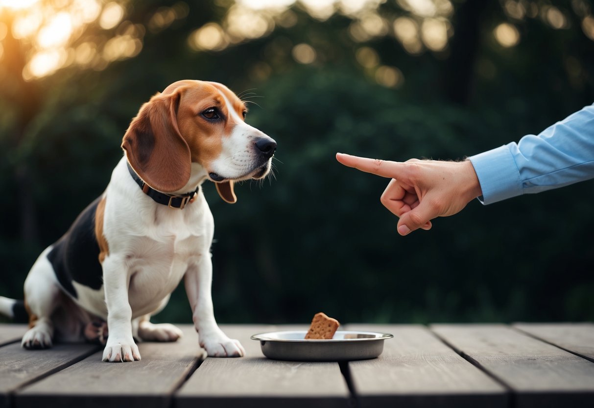 A beagle sits quietly with a treat in front of it, while a person gestures to it with a finger to hush