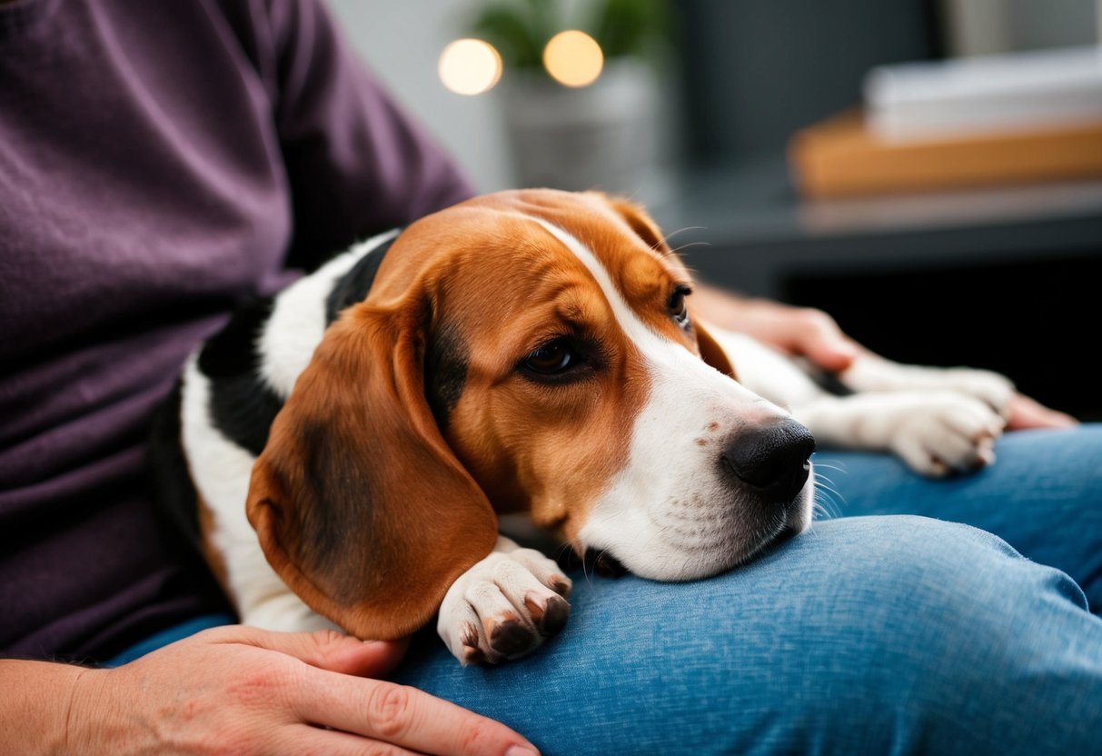 A beagle lies comfortably on a person's lap, looking content and relaxed
