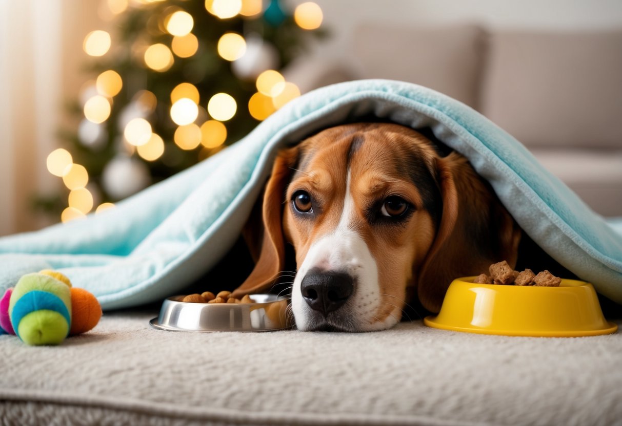 A cozy beagle nestles under a soft blanket, surrounded by toys and a food dish