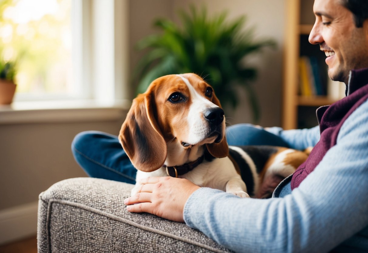 A beagle lounges on a cozy armchair, gazing up at its owner with adoring eyes. Its tail wags happily as it snuggles into the person's lap