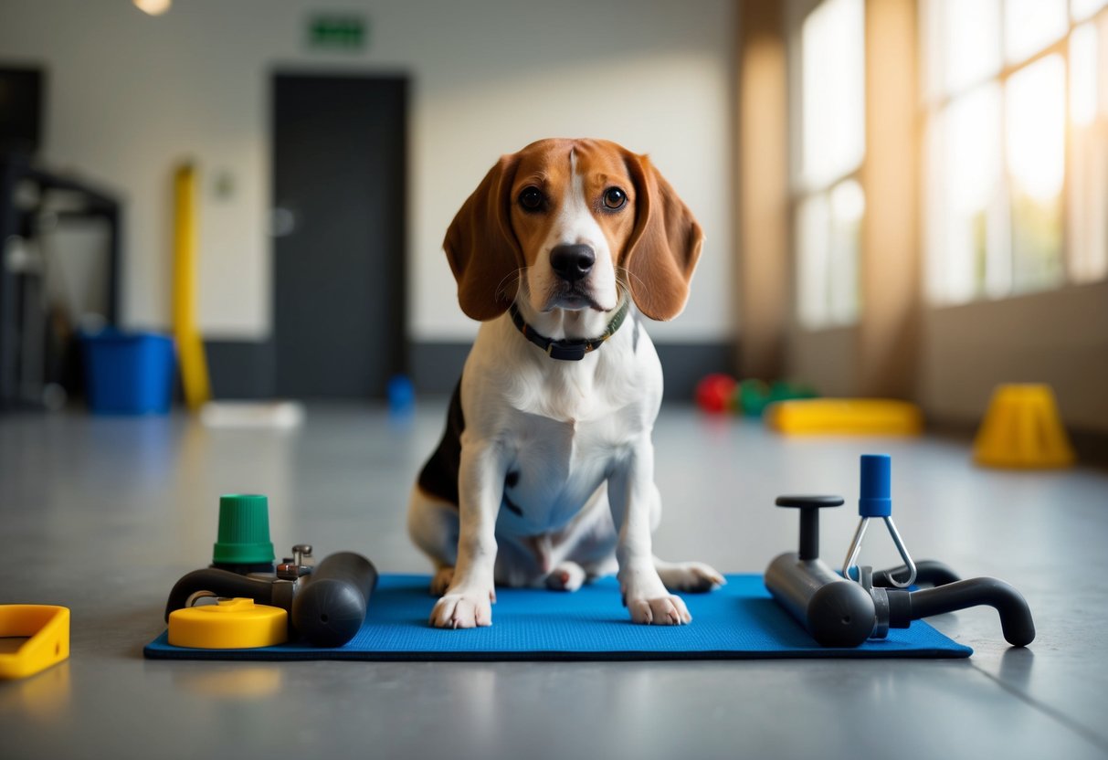 A beagle sits quietly in a training area, surrounded by various tools and aids for teaching quiet behavior
