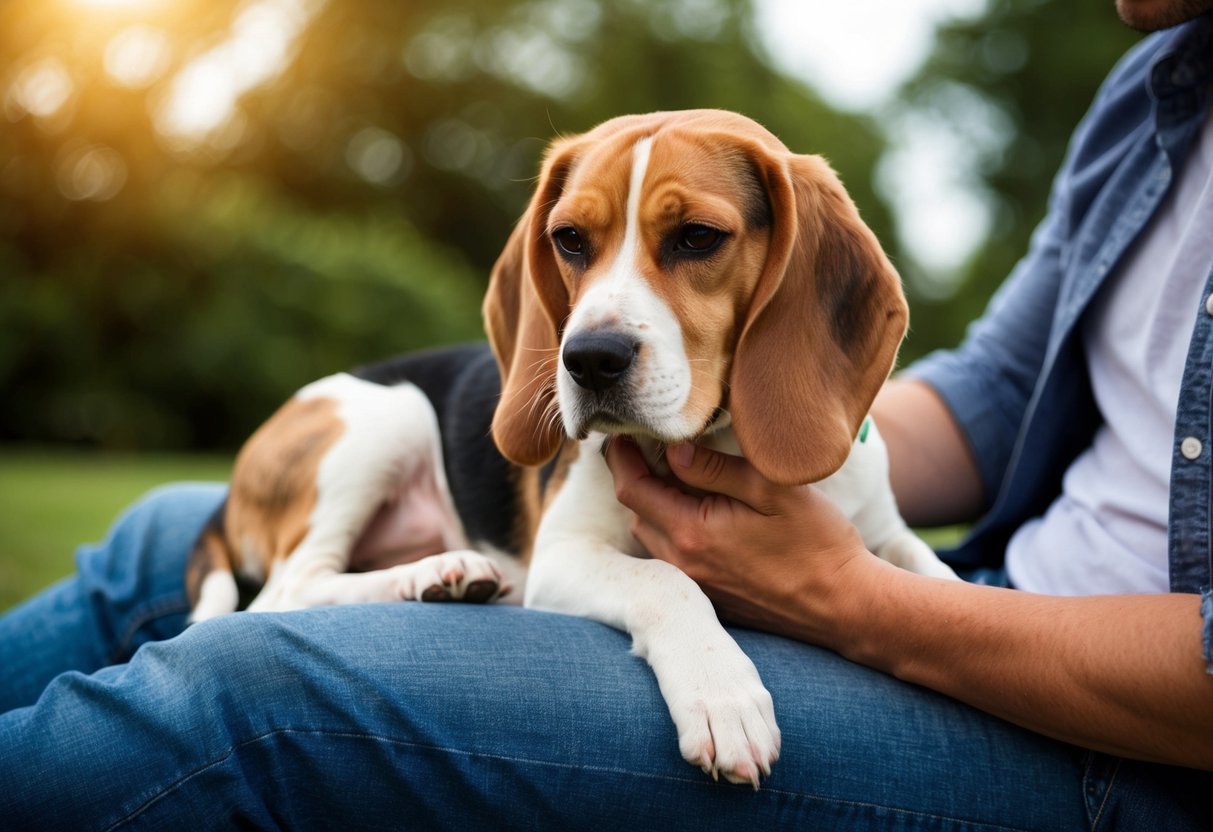 A beagle lying comfortably on a person's lap, being petted and receiving affection