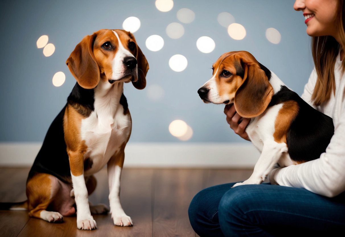 A beagle sits calmly next to a larger breed, showcasing its small size. Nearby, a person pets a beagle on their lap