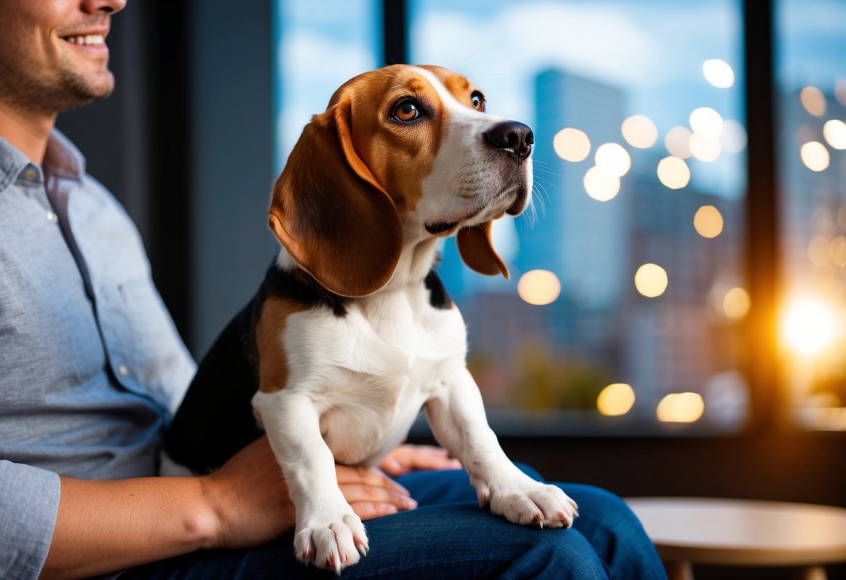A beagle perches on a person's lap, looking up with adoring eyes