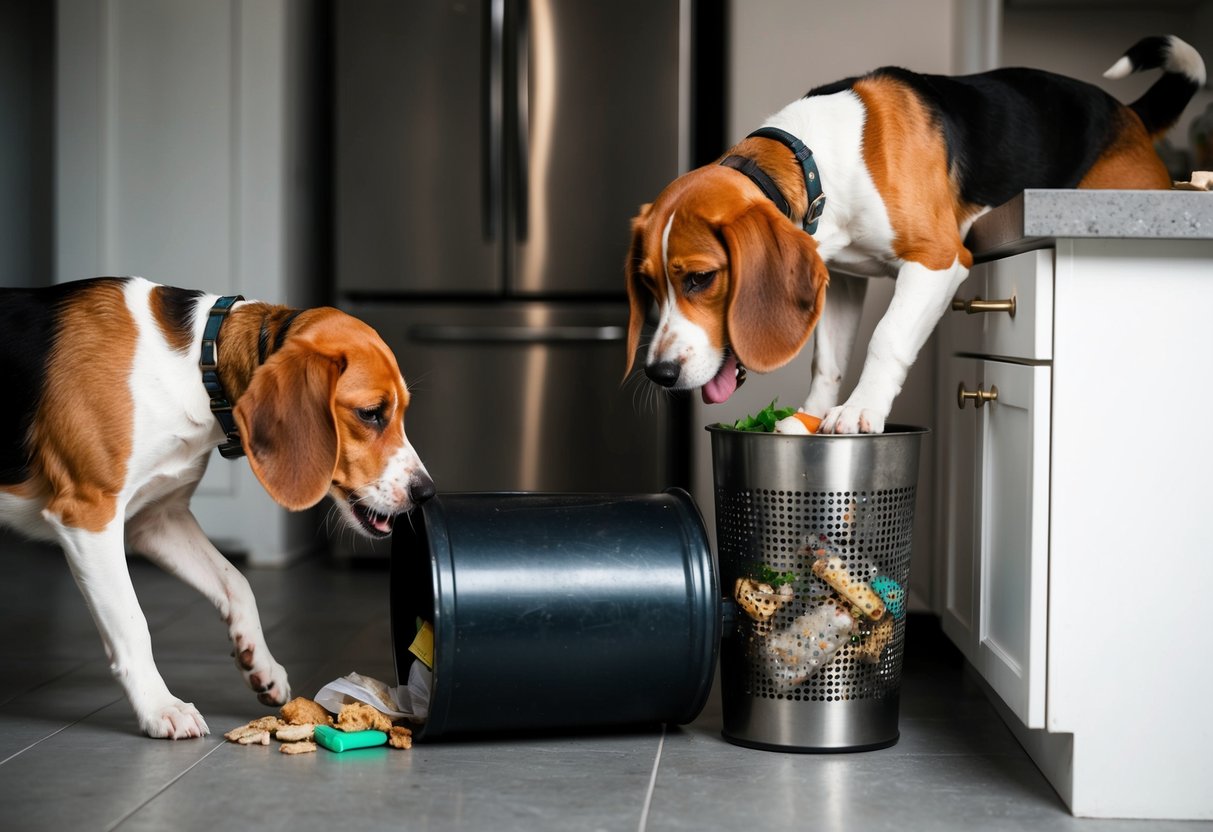 A beagle rummages through a trash can, chewing on discarded items. Another beagle jumps on the counter, searching for food