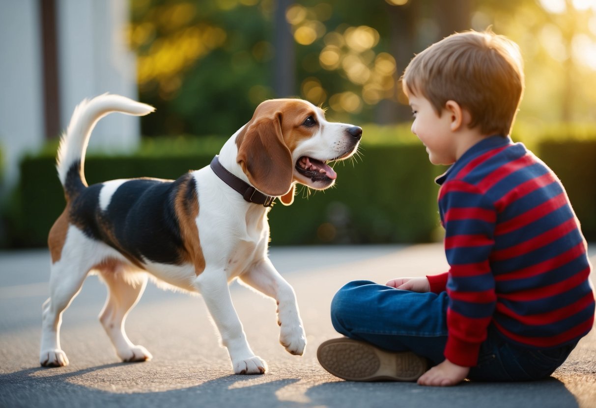 A beagle wagging its tail, approaching a child with a big smile