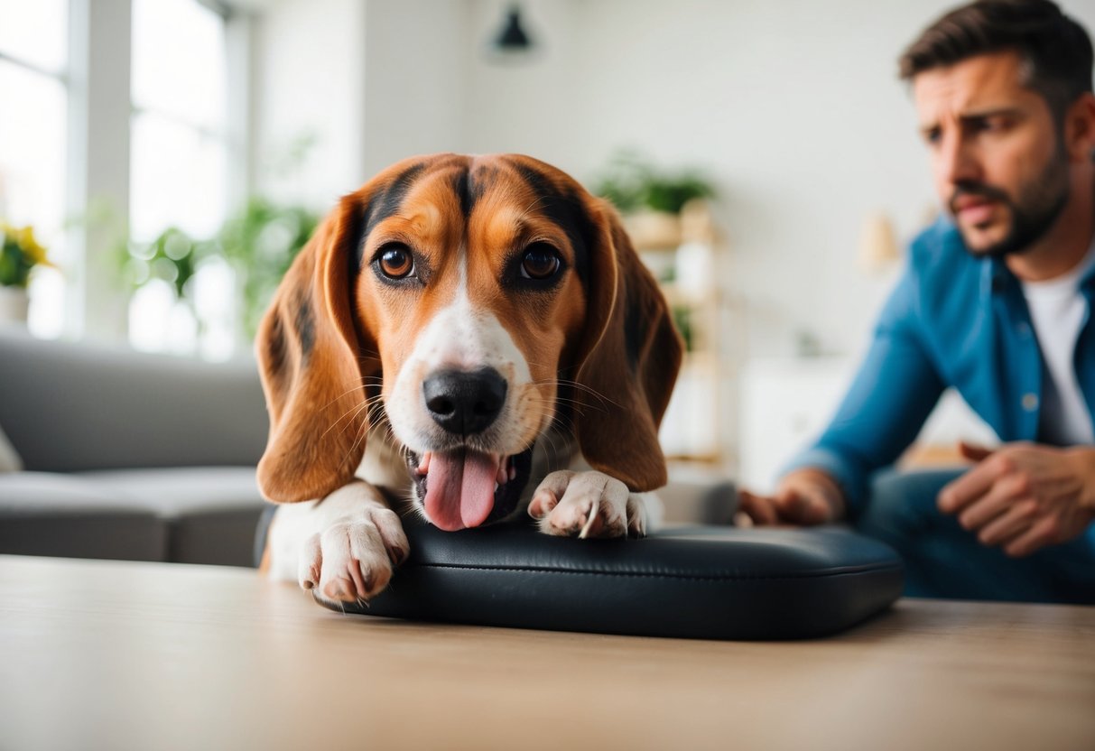 A beagle chewing on furniture while the owner looks on frustrated