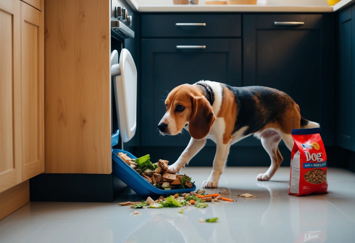 A beagle sneaking into the kitchen, raiding the garbage for scraps, while a bag of dog food sits untouched nearby