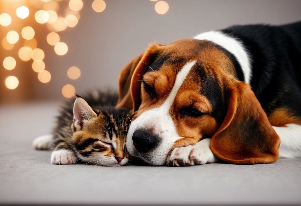 A beagle nuzzles a sleeping kitten with a gentle paw