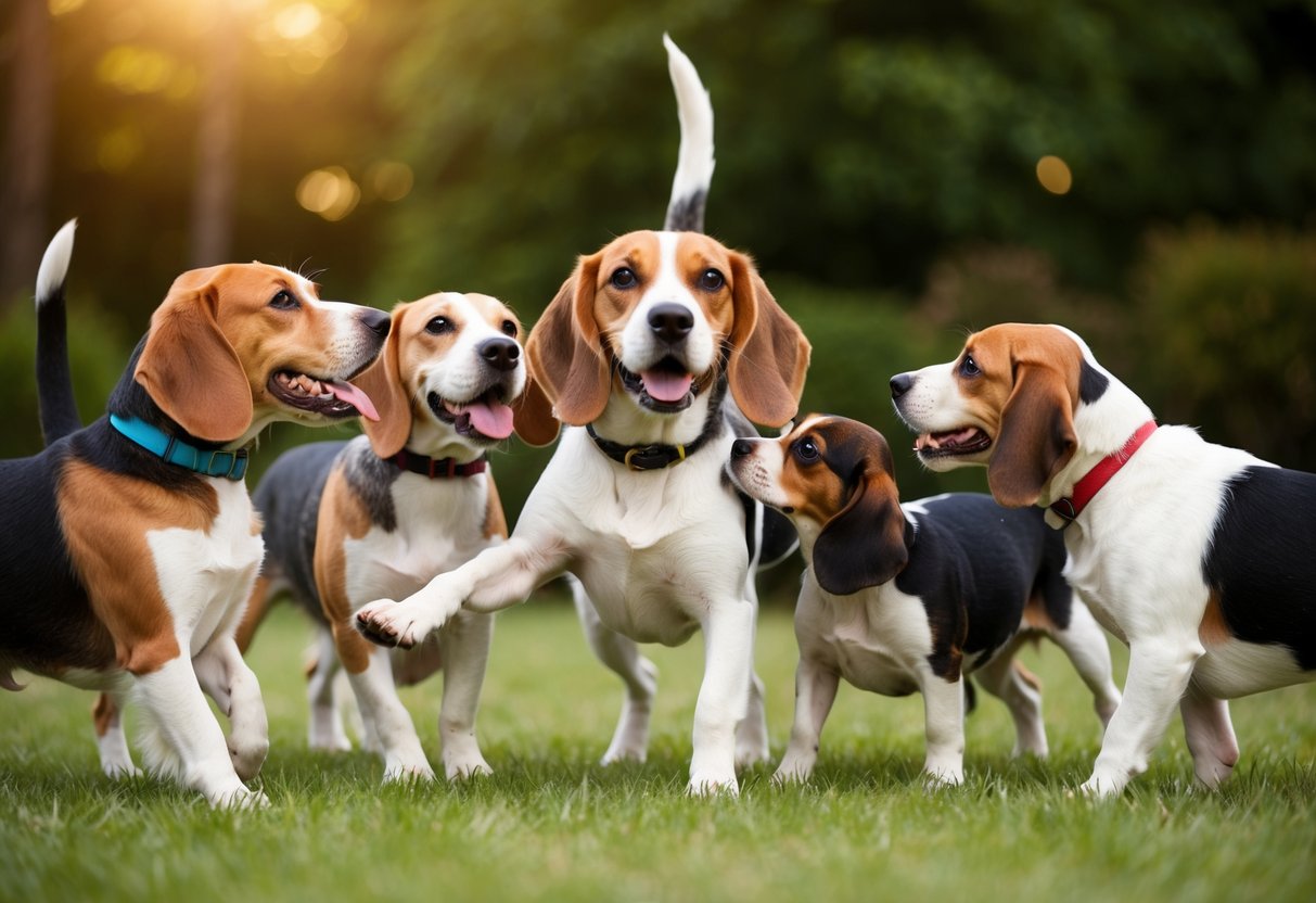 A beagle happily playing with a variety of other dog breeds, wagging its tail and interacting with them in a friendly manner