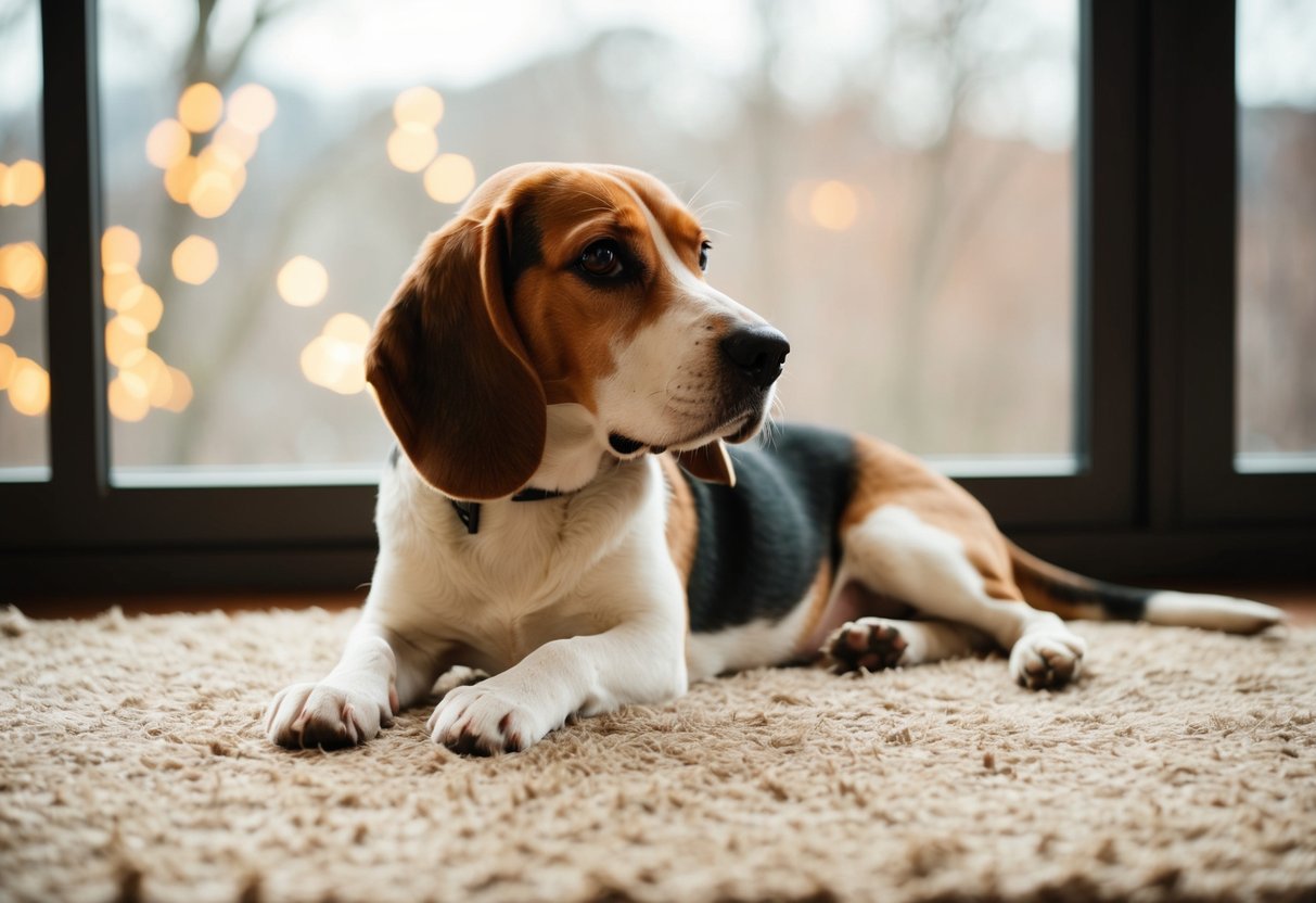 A beagle lounges on a cozy rug, gazing out the window with a relaxed and gentle expression