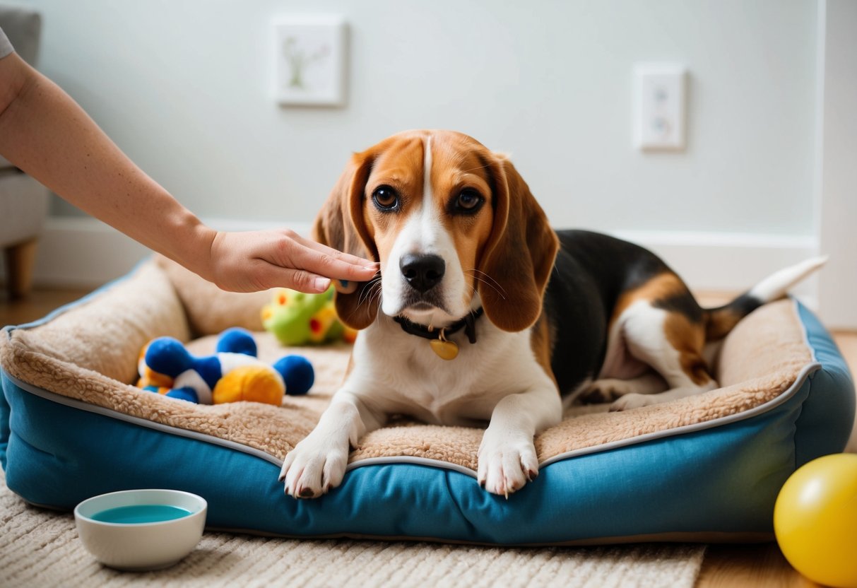 A beagle lounges on a cozy dog bed, surrounded by toys and a bowl of water. A gentle hand reaches down to pet its soft ears