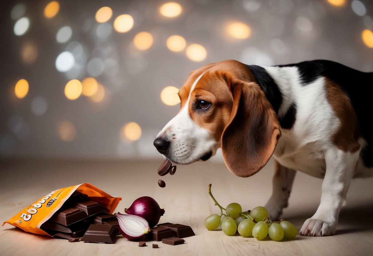 A beagle sniffing a spilled bag of chocolate, onions, and grapes