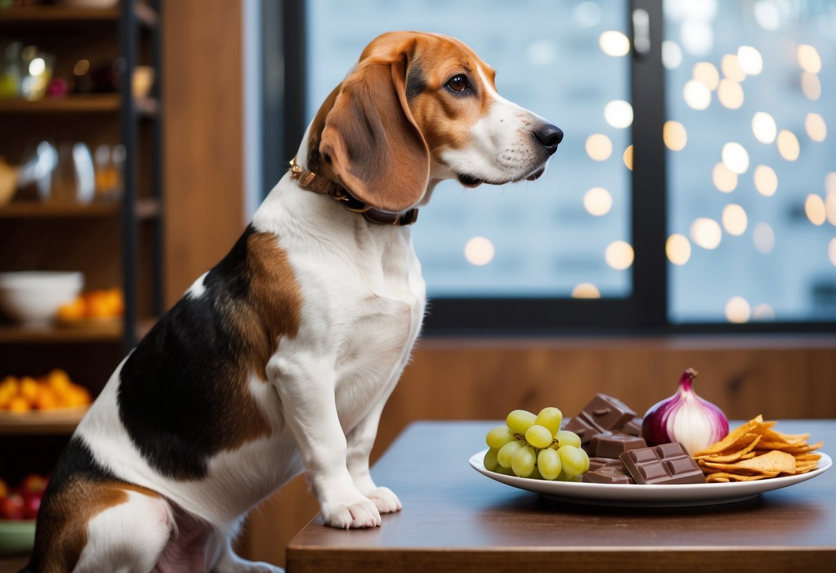 A Beagle sitting next to a table with various foods, looking away from a plate of chocolate, grapes, onions, and fatty foods