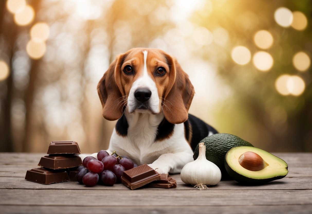 A beagle surrounded by foods to avoid: chocolate, grapes, onions, garlic, and avocado