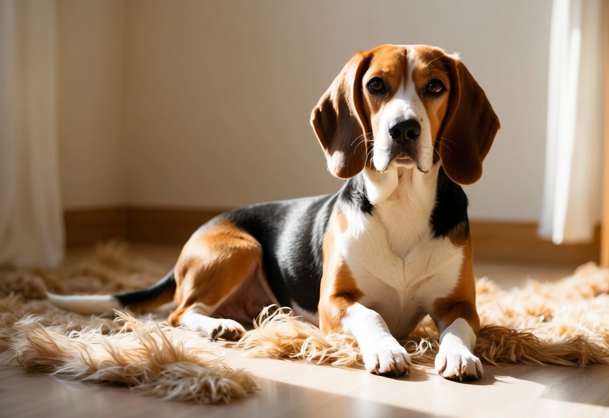 A beagle with a shiny coat sits in a sunlit room, surrounded by scattered fur. A faint, pleasant scent of dog shampoo lingers in the air