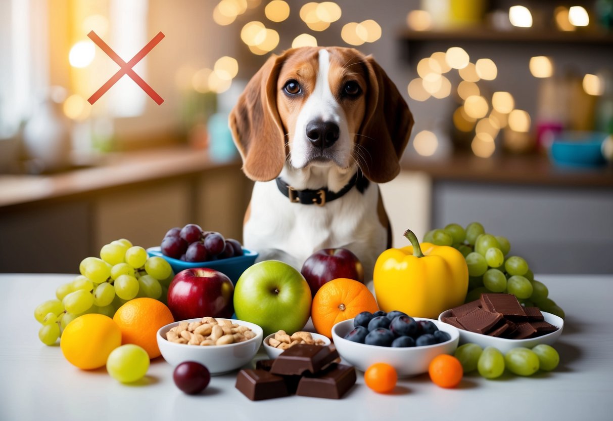 A beagle surrounded by a variety of safe and healthy foods and treats, with a clear "X" over dangerous items like chocolate and grapes
