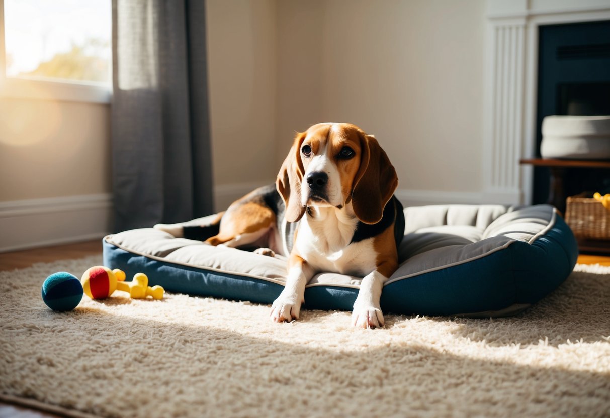 A beagle lounges on a cozy living room rug, surrounded by toys and a comfortable dog bed. Sunlight streams in through the window, highlighting the dog's relaxed expression